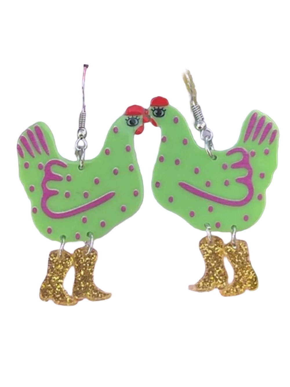 Lime Green Chicken Cowboy Boot Acrylic Earrings Gold Glitter Country